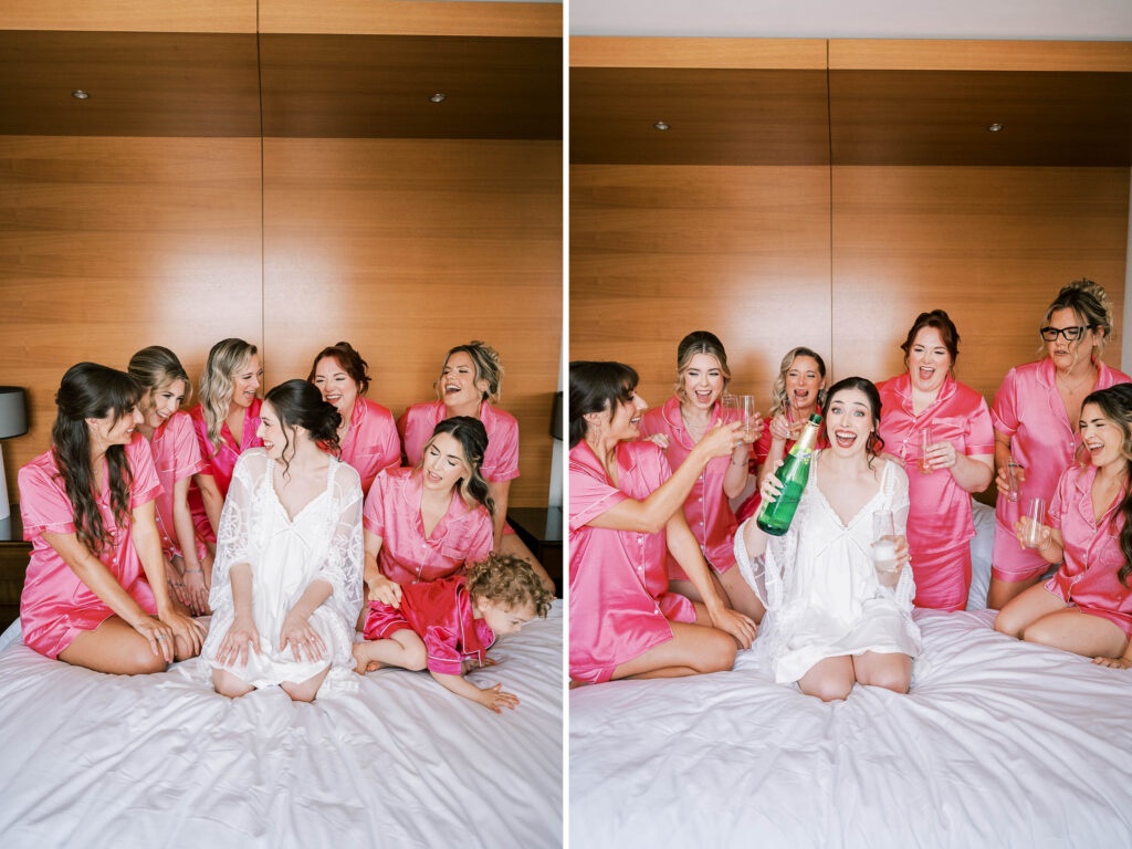 bridal party photos; pink bridesmaids pajamas