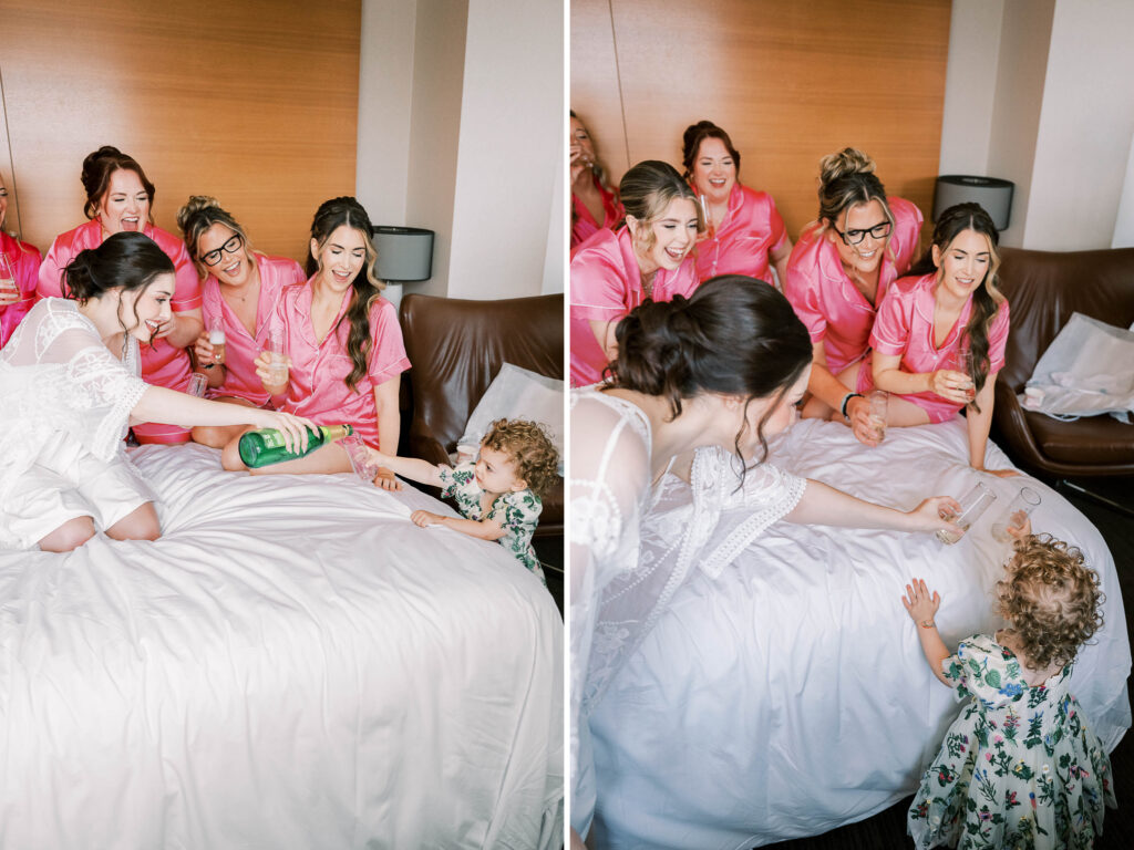 bridal party photos; pink bridesmaids pajamas