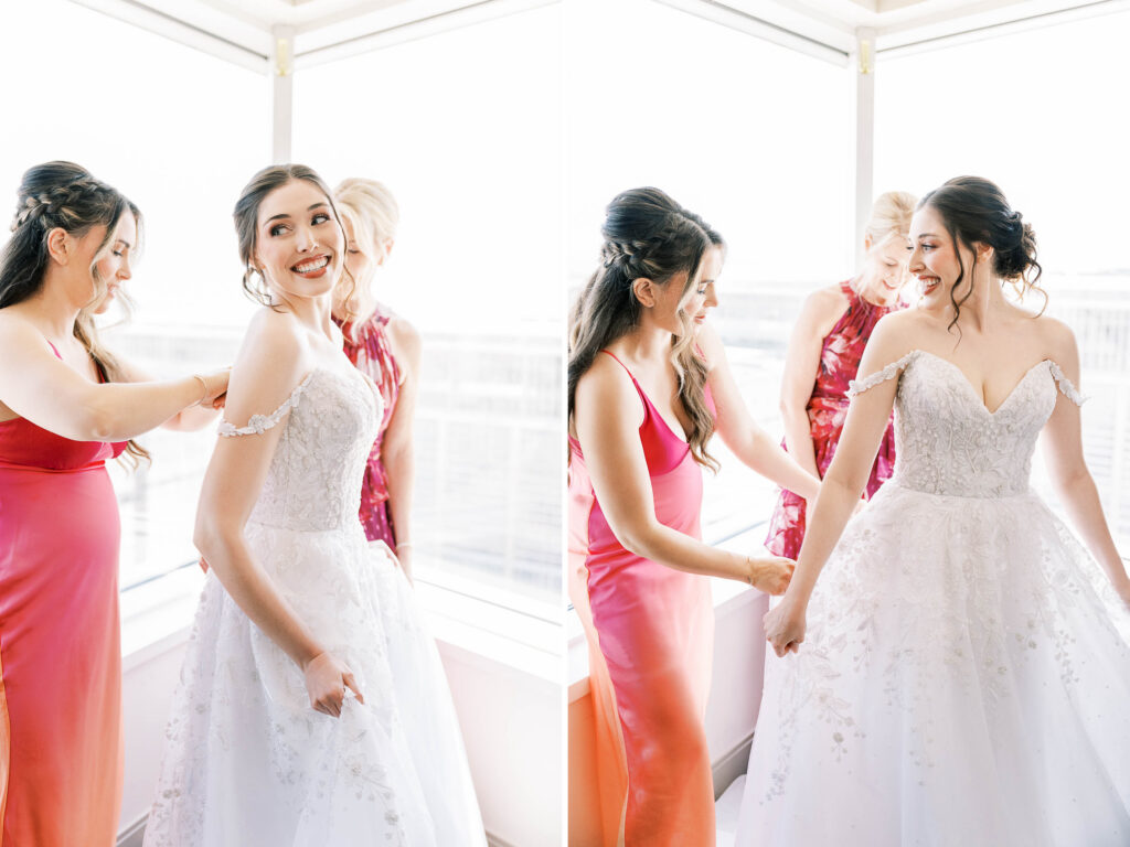 bride putting on dress 