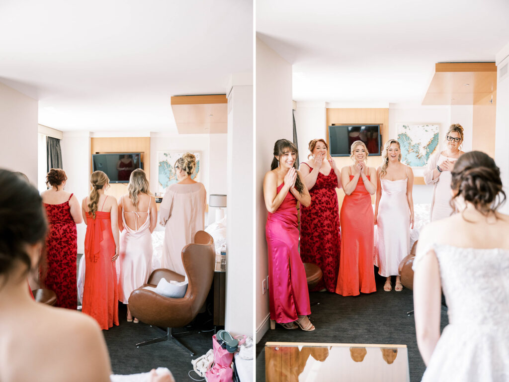 bride first look with bridesmaids