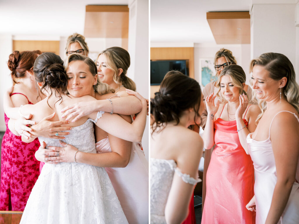 bride first look with bridesmaids