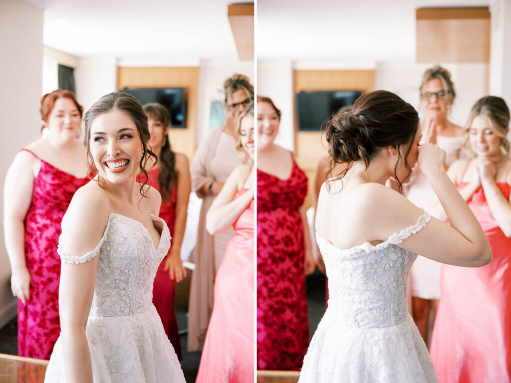 bride first look with bridesmaids