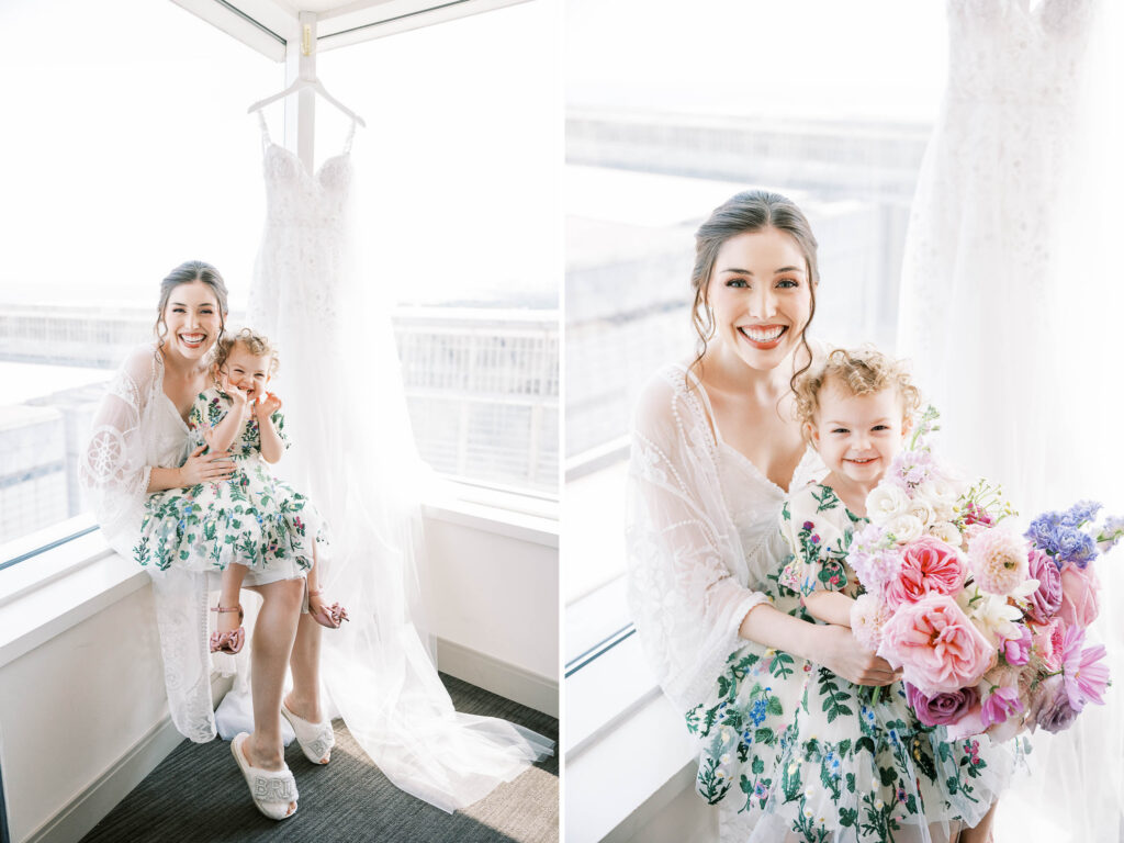 bride and flower girl getting ready