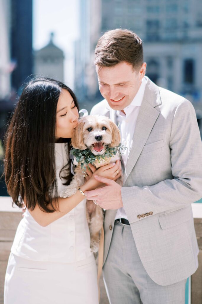 Editorial Chicago Elopement Photography at the Wrigley Building with dog