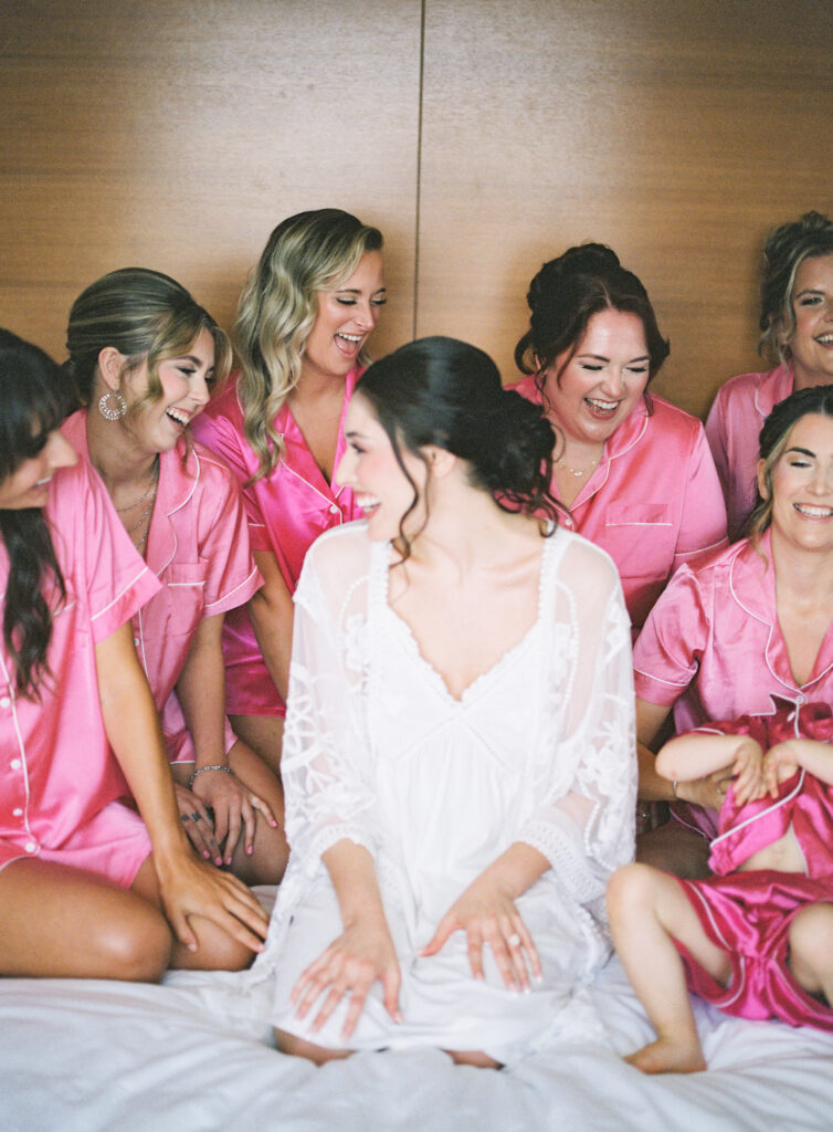 bridal party photos; pink bridesmaids pajamas