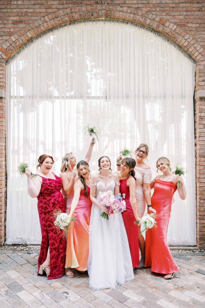 bridal party photos at Bridgeport Art Center Sculpture Garden wedding