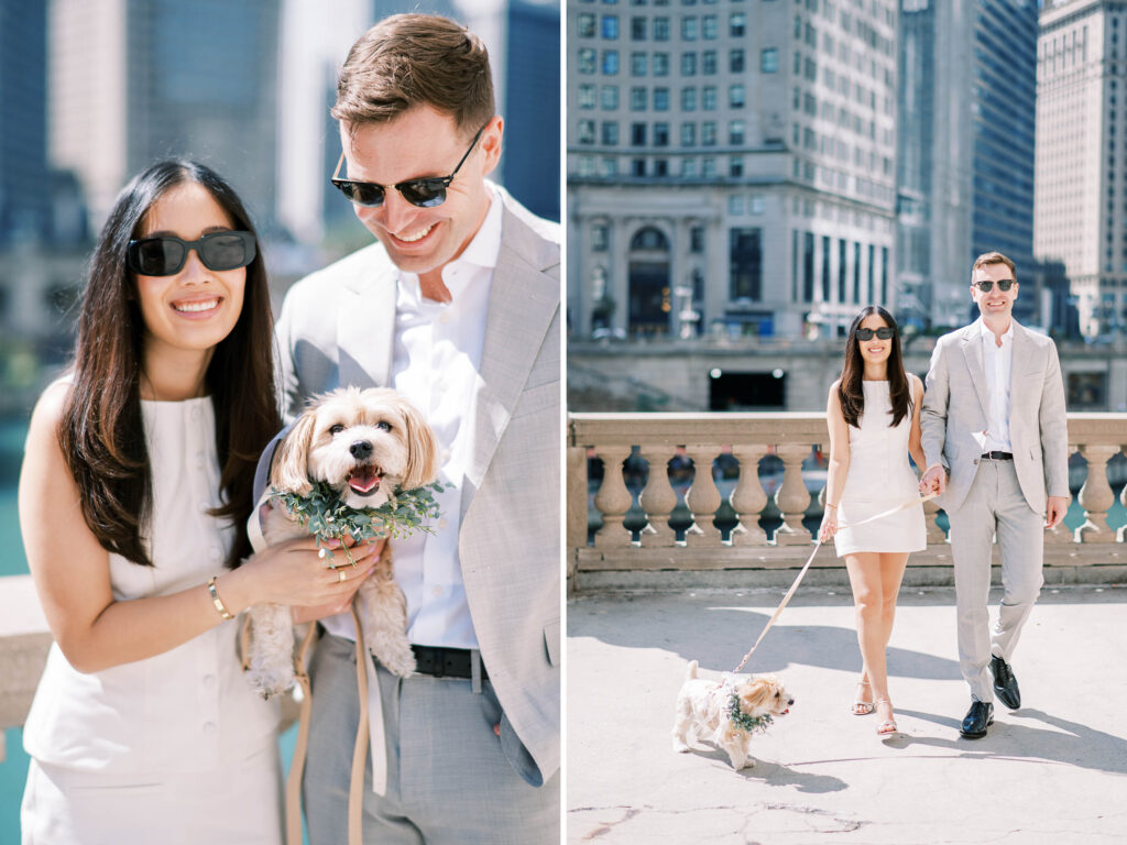Editorial Chicago Elopement Photography at the Wrigley Building with dog