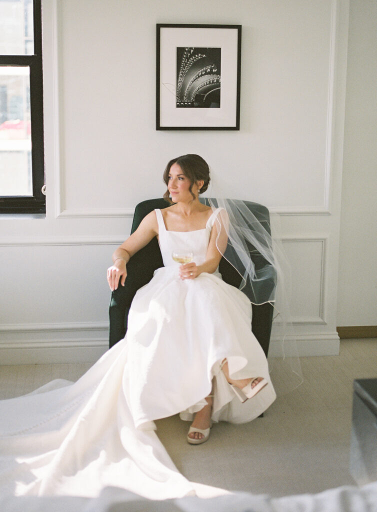 bridal portraits on film; Chicago wedding getting-ready hotel