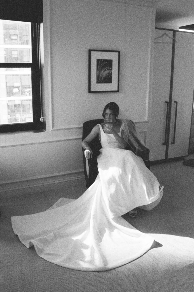 grainy glack and white bridal portraits on film at Pendry Hotel Chicago