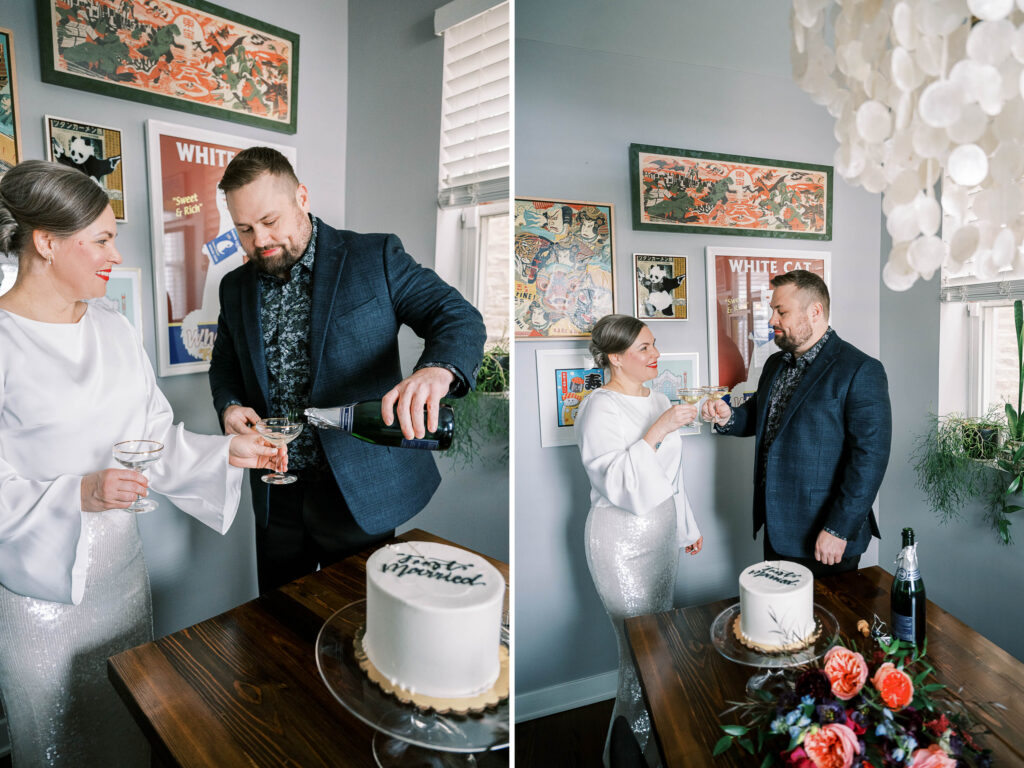 elopement phtoography with cake and champagne pop